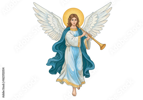 Angelic Musician with Large Wings Playing a Trumpet.