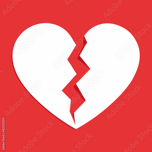 A white broken heart symbol on a red background