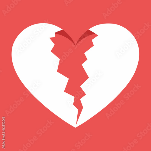 A white heart broken in two on a red background