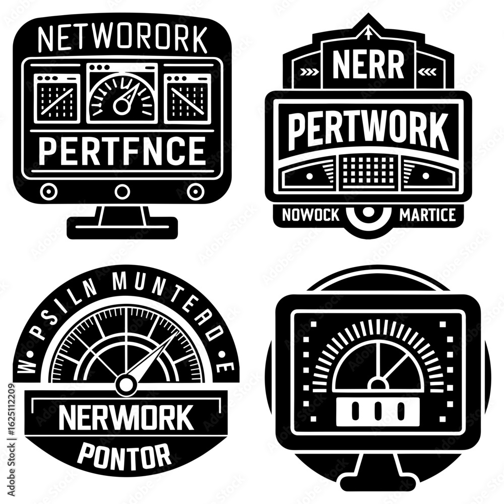 Obraz premium Four black and white emblems featuring stylized gauges and text with a vintage industrial aesthetic design