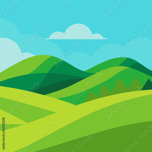 Vibrant green rolling hills under a bright blue sky with fluffy clouds