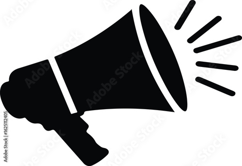 Black silhouette of a megaphone with sound waves, isolated on white background