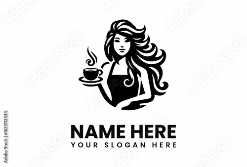 Elegant Woman Serving Steaming Coffee Cup Logo Design 1.