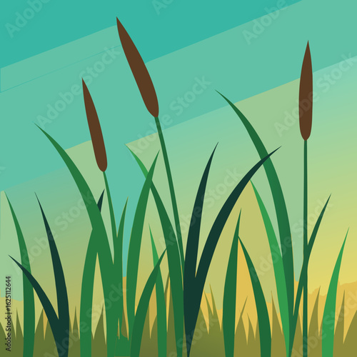 Cattails and tall grass under a gradient sky