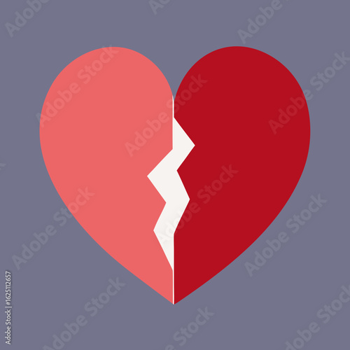 A broken heart symbol split in two colors