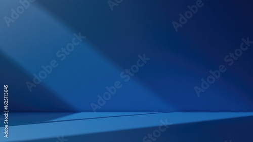 A Simple Blue Room Interior Mockup with Natural Light Casting a Dramatic Shadow Across the Floor and Back Wall
