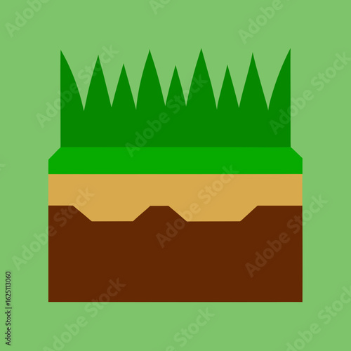 Stylized cross section of green grass and soil layers