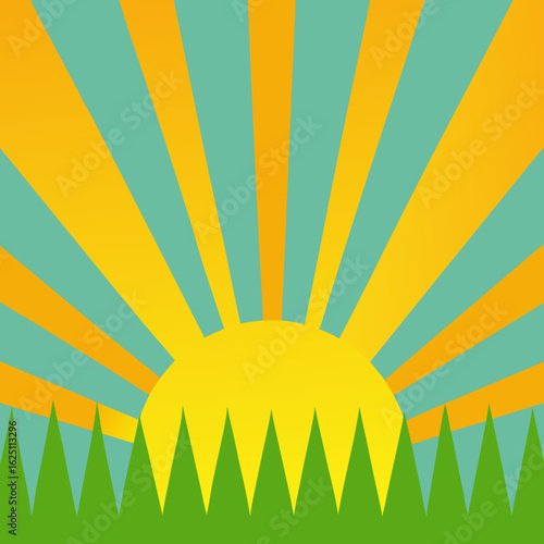 Stylized sunrise over green hills with sunburst background