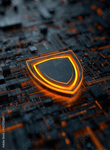 A glowing shield graphic sits atop a complex circuit board