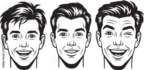 Vector art of three men with different hairstyles and expressions, isolated on white background