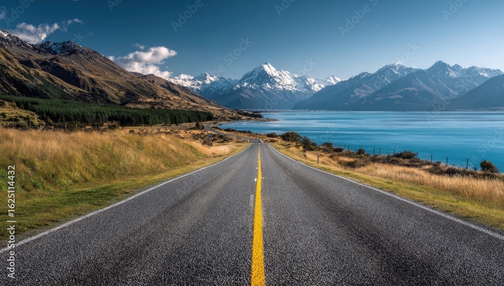 Naklejka premium Straight asphalt road winds through scenic landscape. Vast, azure lake stretches out beneath snow-capped mountains. Golden grass, lush forests and a vibrant blue sky complete the breathtaking vista