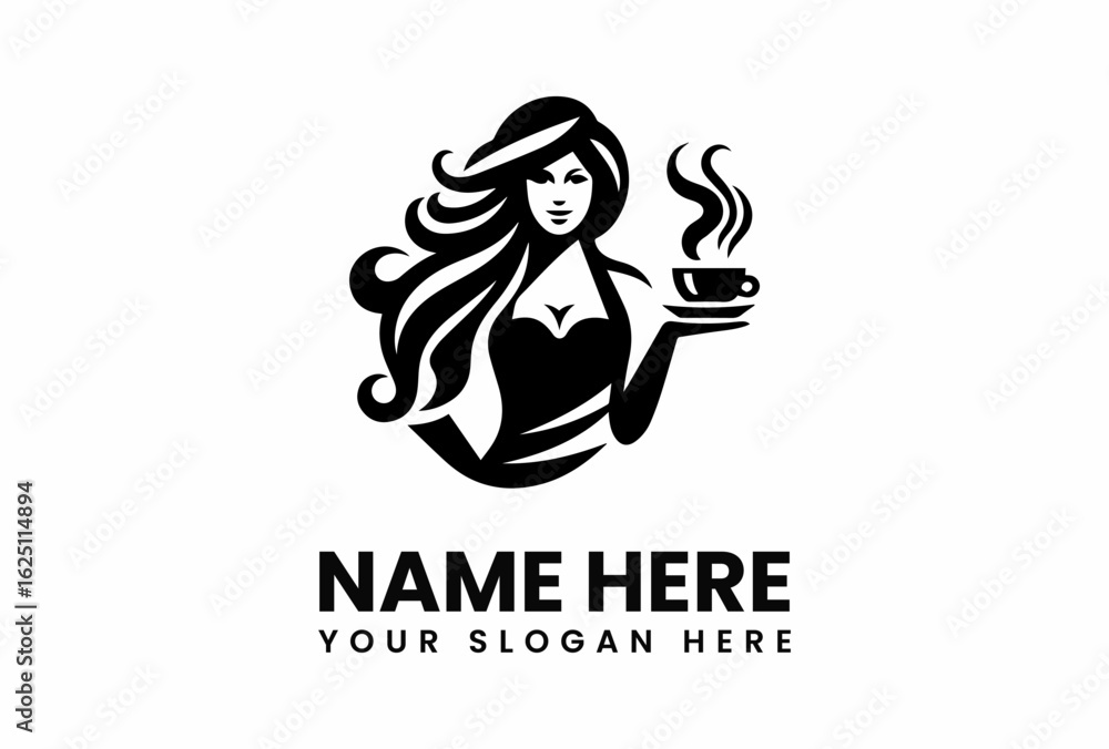 Stylized woman with flowing hair holding a steaming cup of coffee. Stylized woman with flowing hair holding a steaming cup of coffee.
