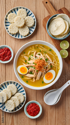 Flat lay of Indonesian soto served on wooden table with side dishes: lontong, kerupuk, sambal, and lime, overhead natural lighting