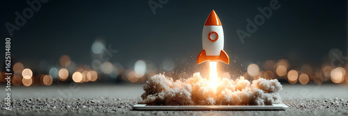 Wallpaper Mural Small toy rocket launching from a smartphone with smoke and lighting Torontodigital.ca