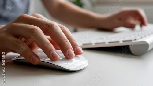 Workplace Burnout from Digital Pressure – Close-Up of Fingers on Mouse, Blurred Keyboard in Background