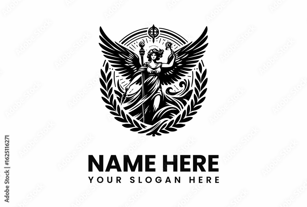 Obraz premium Winged Goddess with Torch and Laurel Wreath Emblem Design for Branding.