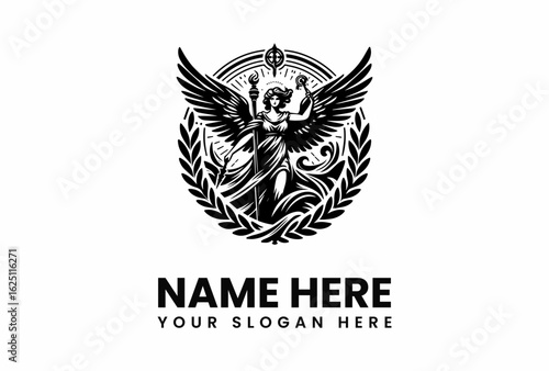 Winged Goddess with Torch and Laurel Wreath Emblem Design for Branding.