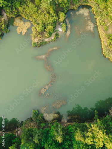 Blue lake from a drone. Jeziora przy starej Cegielni w Konstancin Jeziorna pod Warszawą z drona. Poland
