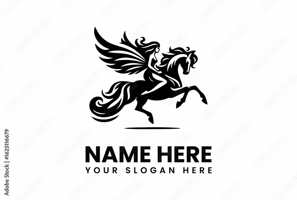 Fototapeta premium Winged Woman Riding a Majestic Leaping Horse Stylized Black Ink Design.