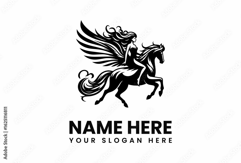 Fototapeta premium Black Silhouette of Winged Horse with Rider Mythical Creature in Motion.