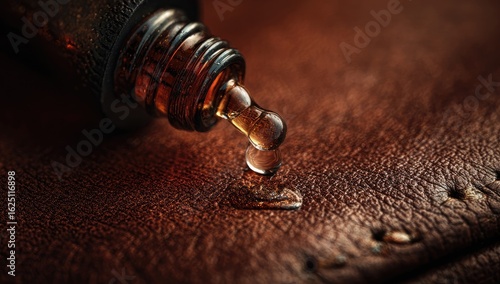 Amber liquid drips from a dark glass bottle onto rich brown leather