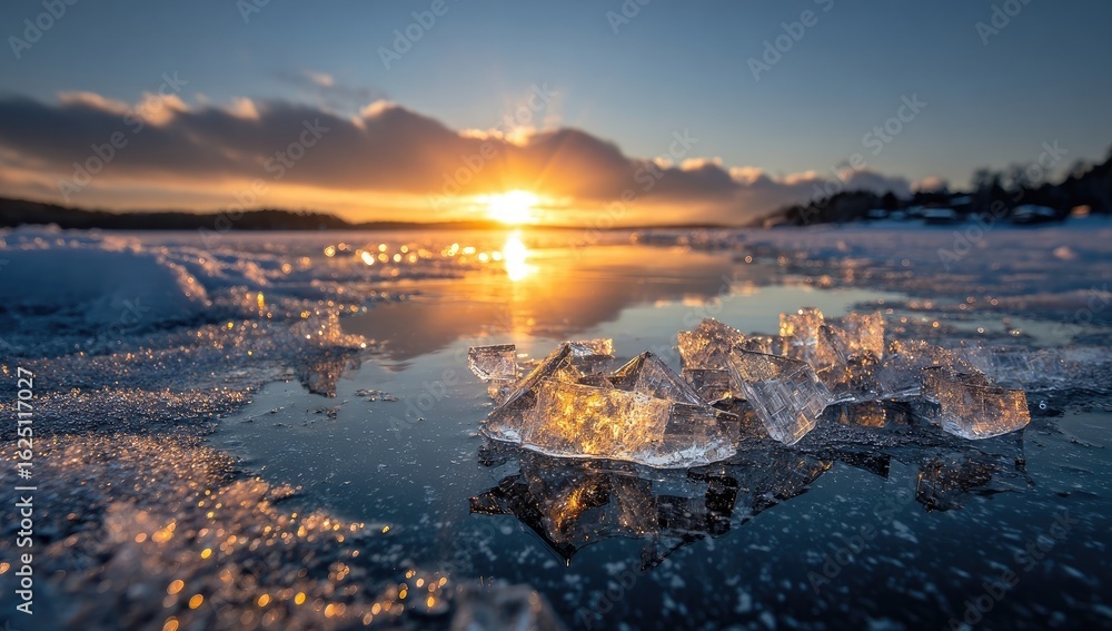 Naklejka premium Frozen lake at sunset. Crystal-clear ice fragments reflect a golden sunset