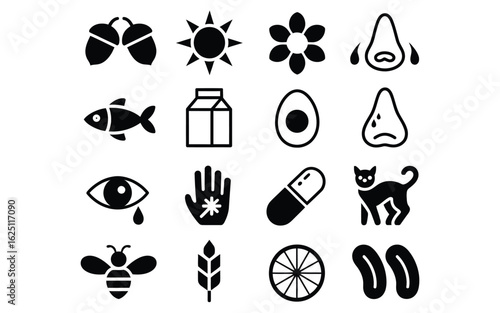 Allergy symptoms and triggers icon set