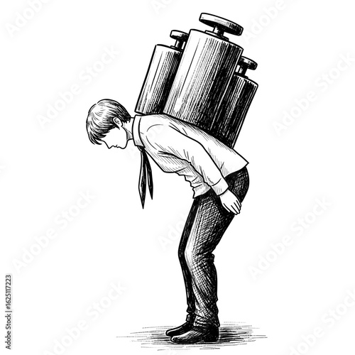 Man bent over carrying heavy weights representing burden or stress in detailed line drawing style art