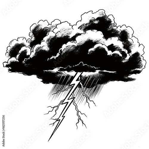 Illustration of a stormy cloud formation with rain and a jagged lightning bolt striking downward sharply