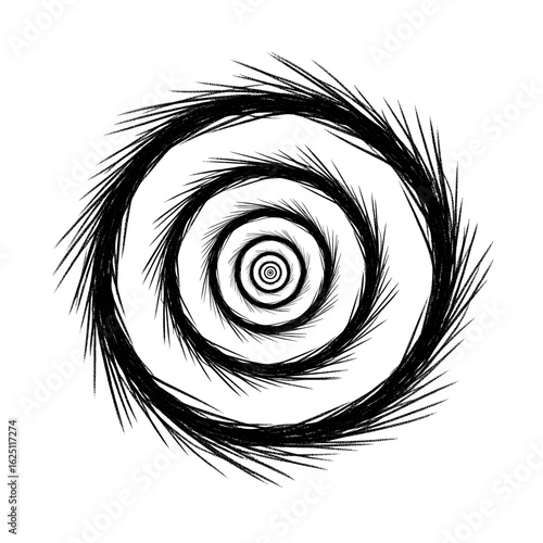 Circular feathered vortex design with diminishing concentric circles in a radial arrangement and textured appearance