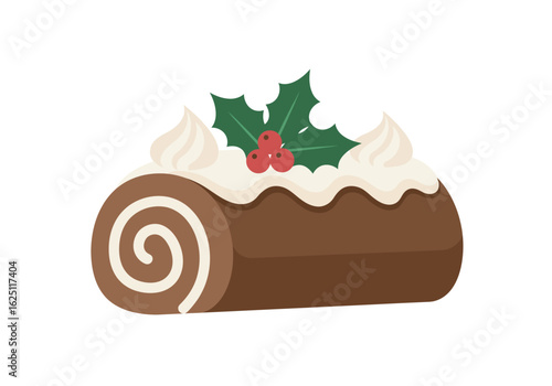 Festive Chocolate Yule Log Cake with Whipped Cream and Holly.