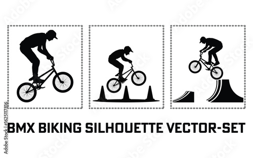 
A Black and White BMX Biking Silhouette Vector silhouette Set
