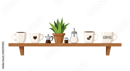 Coffee Cups and Accessories on Wooden Shelf Flat Vector Illustration
