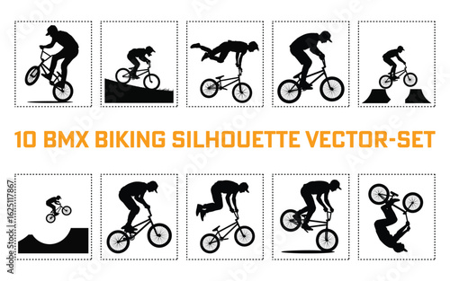
A Black and White BMX Biking Silhouette Vector silhouette Set
