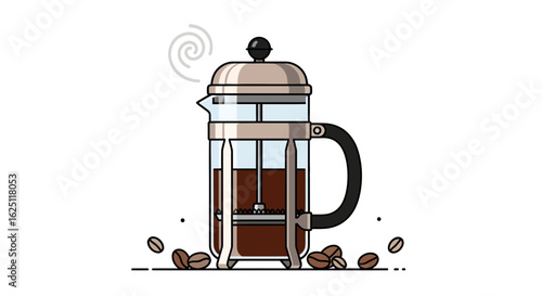 French Press Coffee Maker with Coffee Beans on White Background
