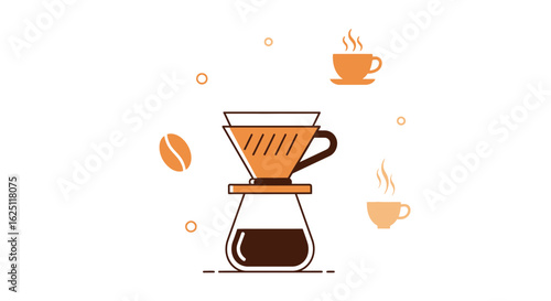 Modern Pour Over Coffee Maker with Coffee Cups and Beans Vector Illustration
