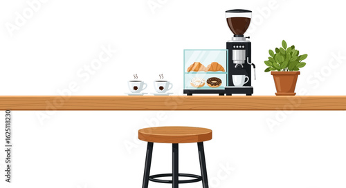 Cozy Coffee Bar with Espresso Machine and Pastries Vector
