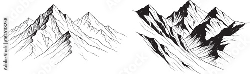Vector art of detailed sketch of mountain peaks and range isolated on white background