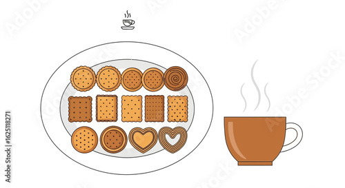 Vector Biscuit Plate with Coffee – Assorted Cookies and Coffee Cup Illustration
