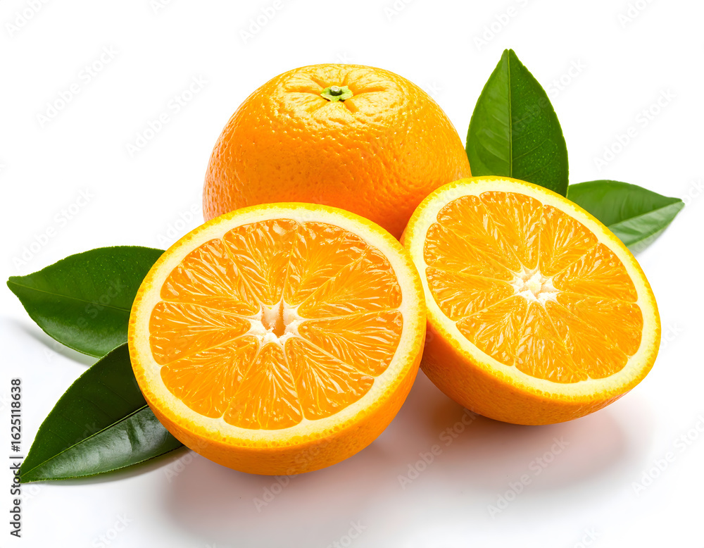 Fototapeta premium Vibrant Oranges: Whole and Sliced with Fresh Green Leaves on White