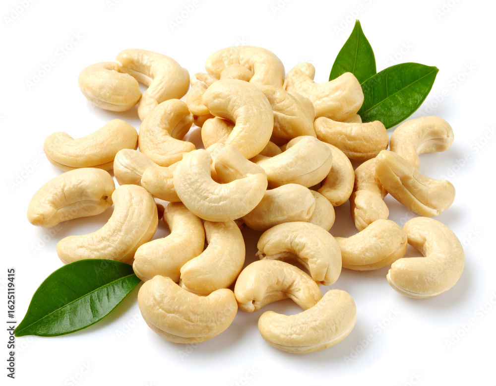 Fototapeta premium Fresh Cashew Nuts with Green Leaves Isolated on White