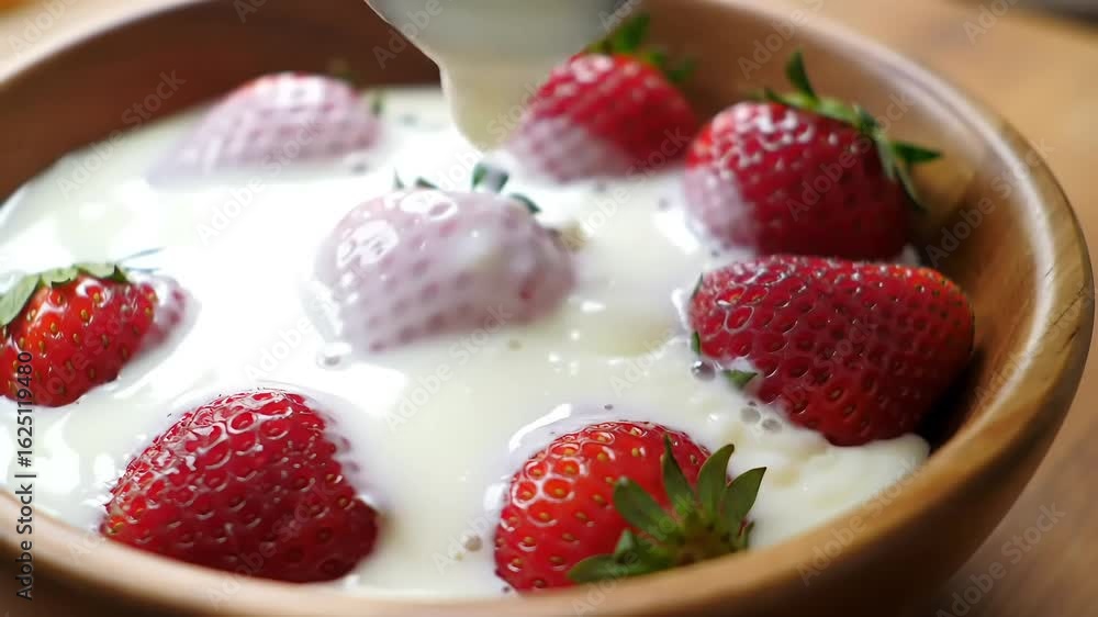 Cream pouring on strawberries in wooden bowl Cream pouring on strawberries in wooden bowl