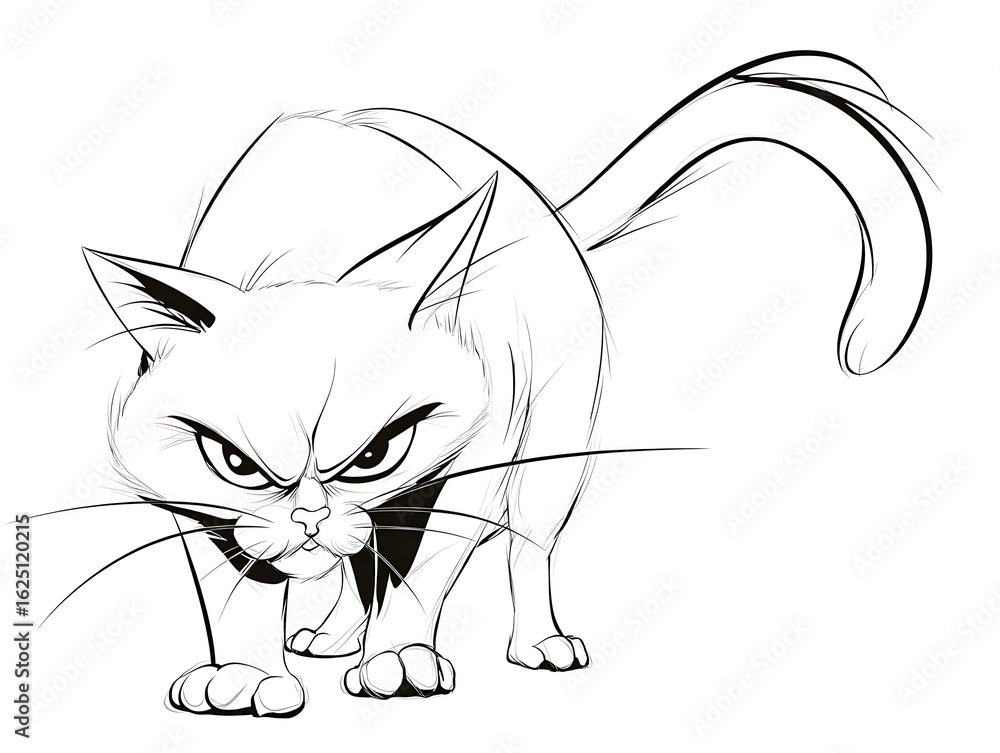 Obraz premium An intense cat, captured in a bold, linear illustration, with a furrowed brow and intense gaze, exudes an attitude of determination. The graphic style brings out a sense of movement.