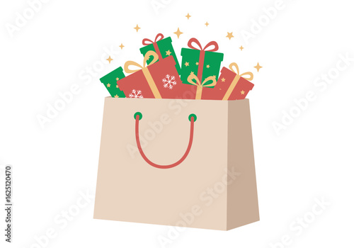 Festive Gift Bag Overflowing with Wrapped Presents.