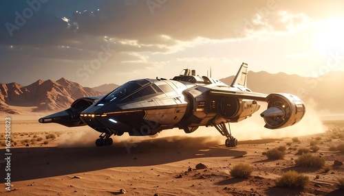 Fototapeta Naklejka Na Ścianę i Meble -  Futuristic spaceship lands on a desolate desert planet under a golden sunset sky