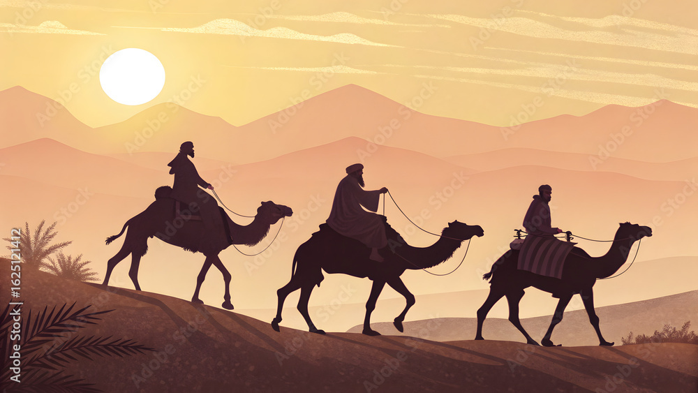 Fototapeta premium A lone camel's silhouette traverses the Sahara desert dunes at sunset, a serene illustration of summer travel