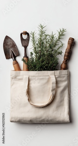 Natural canvas tote bag filled with gardening tools and rosemary