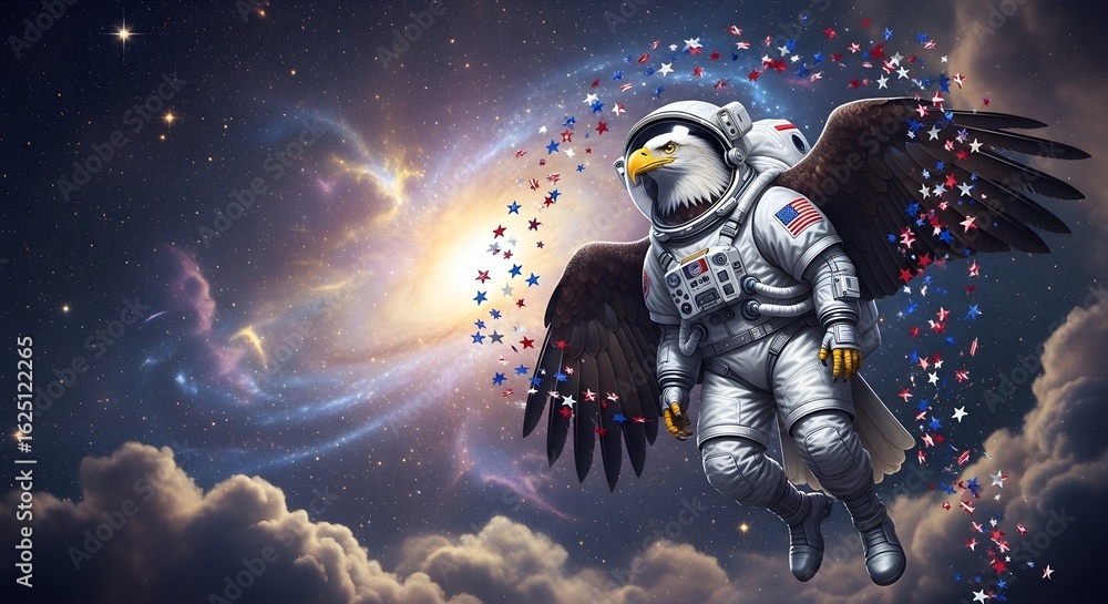 Fototapeta premium Celestial Patriot: Eagle Astronaut Amidst a Cosmic Star Trail