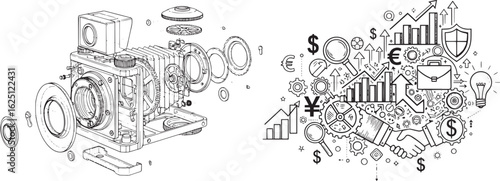 Vector art of business and finance concept with charts, gears, and currency symbols