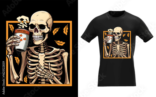 Vintage halloween skeleton enjoying pumpkin spice latte with syrup and creamer silhouette design